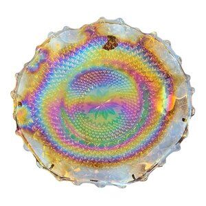 Vintage Carnival Glass Ruffled Bowl 10" Diameter Iridescent Gold Tone Hobnail